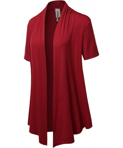 Women's Solid Jersey Knit Draped Open Front Short Sleeves Cardigan Fewcas0004 Red $14.30 Sweaters