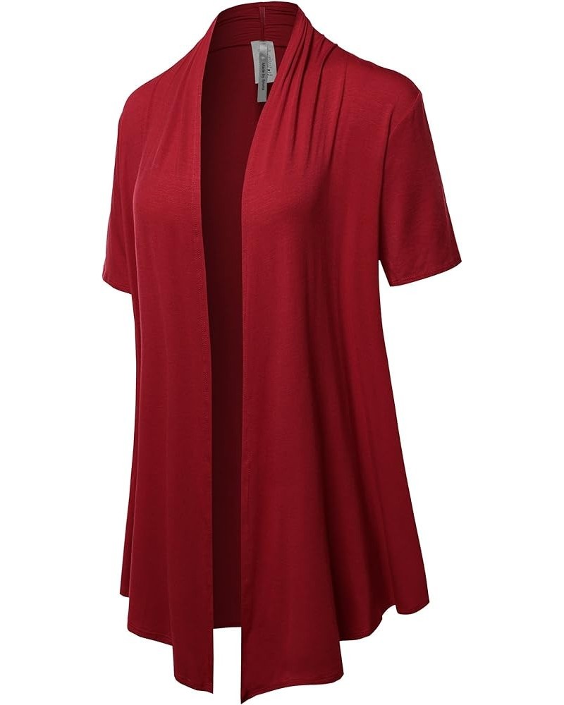 Women's Solid Jersey Knit Draped Open Front Short Sleeves Cardigan Fewcas0004 Red $14.30 Sweaters