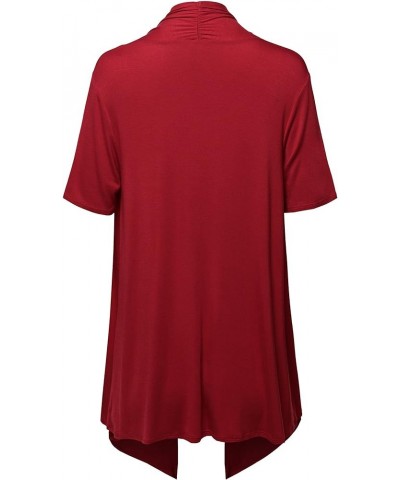 Women's Solid Jersey Knit Draped Open Front Short Sleeves Cardigan Fewcas0004 Red $14.30 Sweaters