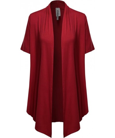 Women's Solid Jersey Knit Draped Open Front Short Sleeves Cardigan Fewcas0004 Red $14.30 Sweaters