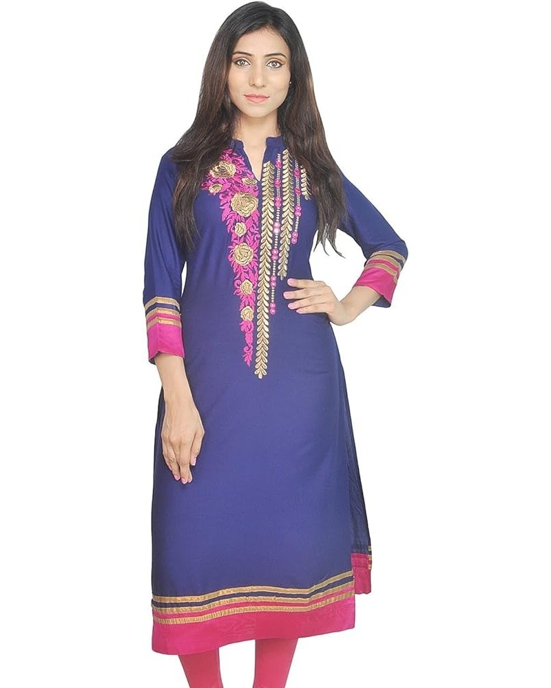 Indian Women's Embroidered Rayon Kurti Top Royal Blue-pink $15.65 Tops