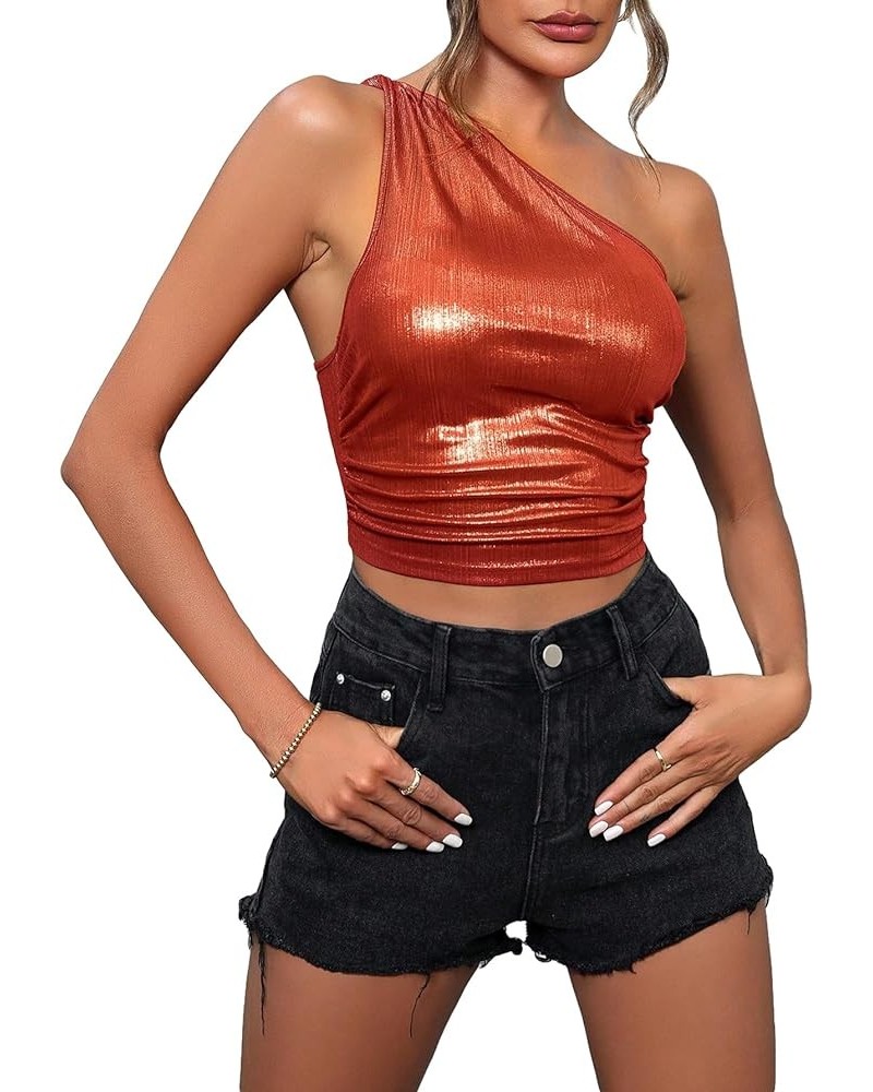 Women's Metallic One Shoulder Ruched Sleeveless Sexy Crop Tank Top Red $13.34 Tanks