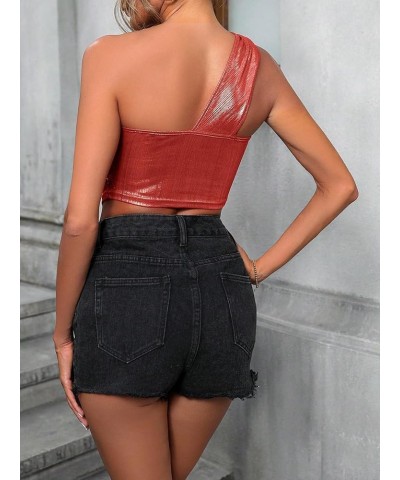 Women's Metallic One Shoulder Ruched Sleeveless Sexy Crop Tank Top Red $13.34 Tanks