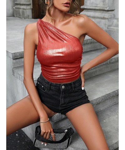 Women's Metallic One Shoulder Ruched Sleeveless Sexy Crop Tank Top Red $13.34 Tanks