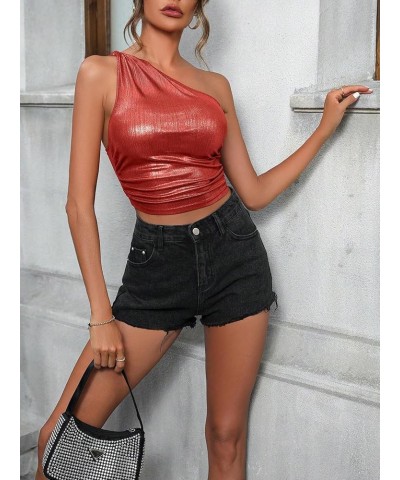 Women's Metallic One Shoulder Ruched Sleeveless Sexy Crop Tank Top Red $13.34 Tanks