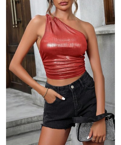 Women's Metallic One Shoulder Ruched Sleeveless Sexy Crop Tank Top Red $13.34 Tanks