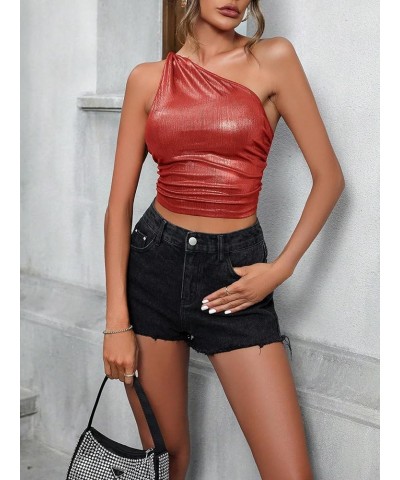 Women's Metallic One Shoulder Ruched Sleeveless Sexy Crop Tank Top Red $13.34 Tanks