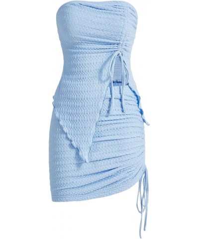 Women's 2 Piece Outfits Strapless Drawstring Front Ruched Crop Tube Top and Bodycon Skirt Set Light Blue Plain $14.40 Suits