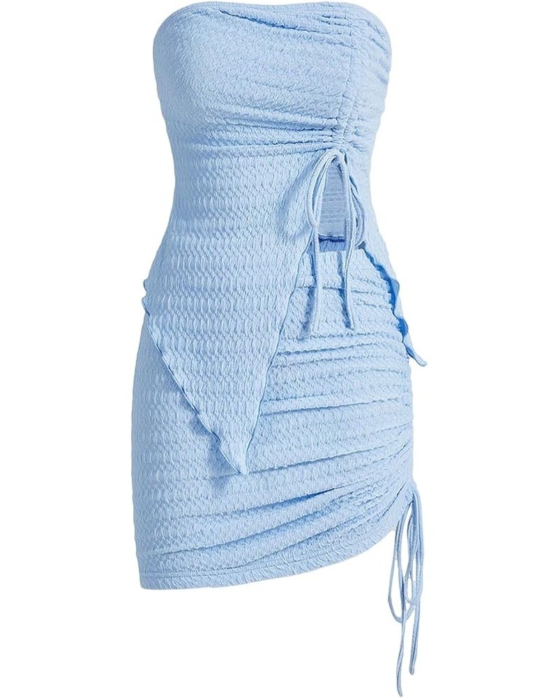 Women's 2 Piece Outfits Strapless Drawstring Front Ruched Crop Tube Top and Bodycon Skirt Set Light Blue Plain $14.40 Suits