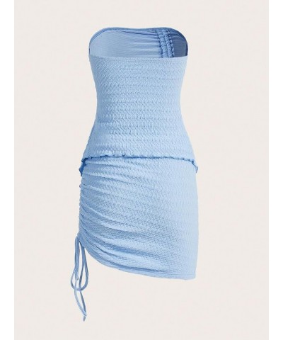 Women's 2 Piece Outfits Strapless Drawstring Front Ruched Crop Tube Top and Bodycon Skirt Set Light Blue Plain $14.40 Suits