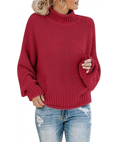 Womens Winter Fall Solid Color Turtleneck High Neck Balloon Long Sleeve Chunky Sweaters Oversized Pullover Outerwear Red $11....