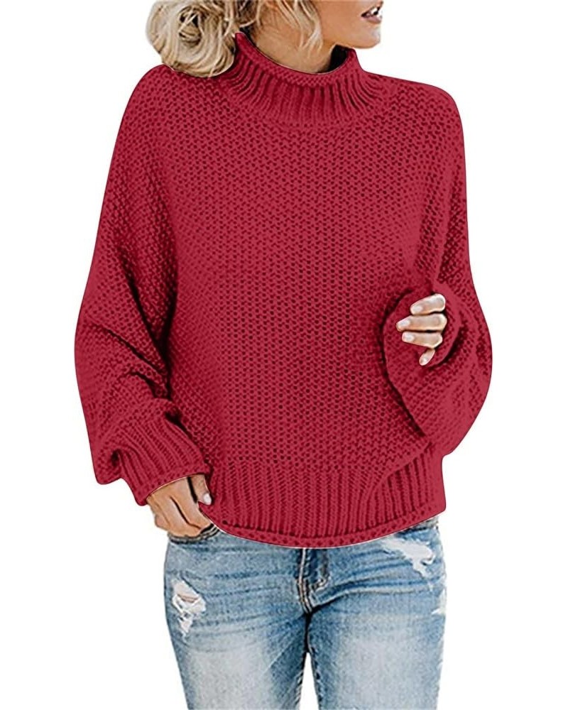 Womens Winter Fall Solid Color Turtleneck High Neck Balloon Long Sleeve Chunky Sweaters Oversized Pullover Outerwear Red $11....