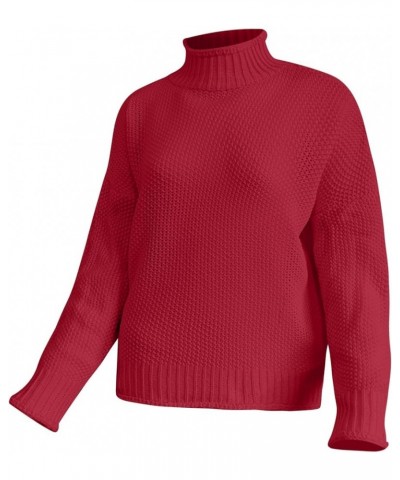 Womens Winter Fall Solid Color Turtleneck High Neck Balloon Long Sleeve Chunky Sweaters Oversized Pullover Outerwear Red $11....