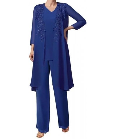 Mother of The Bride Pant Suits with Jacket Chiffon Evening Gowns Pantsuit 3PCs Wedding Guest Outfit Set Dusty-blue $28.20 Suits