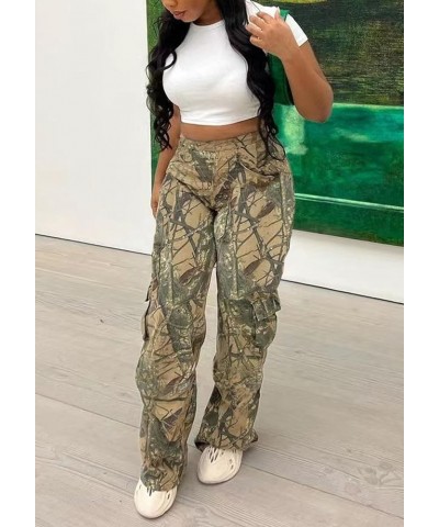 Women's Cargo Jogger Pants Elastic High Waist Baggy Army Fatigue Cargo Pants Straight Wide Leg Work Trousers Ckhaki $18.35 Pants