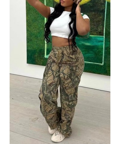 Women's Cargo Jogger Pants Elastic High Waist Baggy Army Fatigue Cargo Pants Straight Wide Leg Work Trousers Ckhaki $18.35 Pants