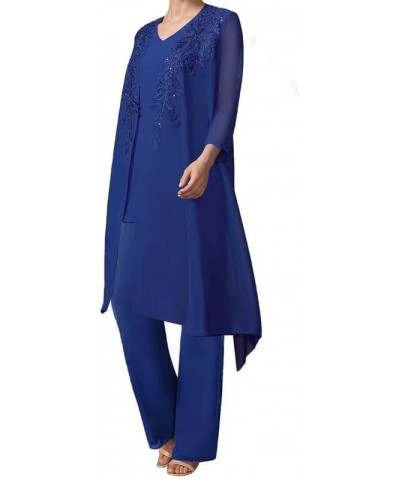 Mother of The Bride Pant Suits with Jacket Chiffon Evening Gowns Pantsuit 3PCs Wedding Guest Outfit Set Dusty-blue $28.20 Suits