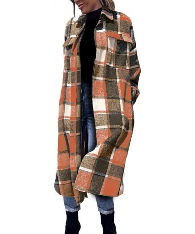 Women’s Long Plaid Shacket Wool Blend Button Down Shirt Jacket Coat with Pockets Orange $17.10 Coats