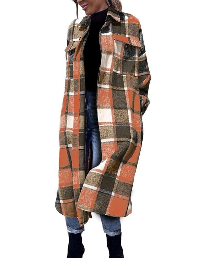 Women’s Long Plaid Shacket Wool Blend Button Down Shirt Jacket Coat with Pockets Orange $17.10 Coats