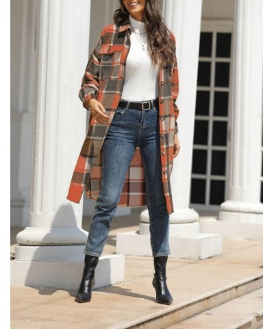 Women’s Long Plaid Shacket Wool Blend Button Down Shirt Jacket Coat with Pockets Orange $17.10 Coats