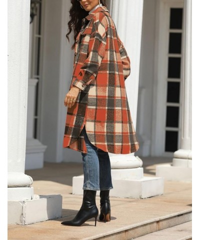 Women’s Long Plaid Shacket Wool Blend Button Down Shirt Jacket Coat with Pockets Orange $17.10 Coats