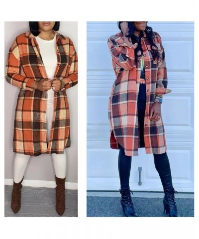 Women’s Long Plaid Shacket Wool Blend Button Down Shirt Jacket Coat with Pockets Orange $17.10 Coats