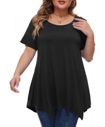 Womens Plus Size Tops Short Sleeve Casual Crew Neck T Shirts with Asymmetrical Hemline Black $14.74 Tops