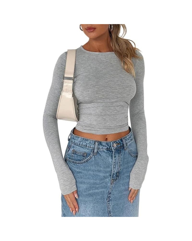 Women's Crew Neck Long Sleeve Crop Top Solid Color Slim Fit T Shirts Hollow Out Basic Casual Streetwear Basic-light Gray $11....