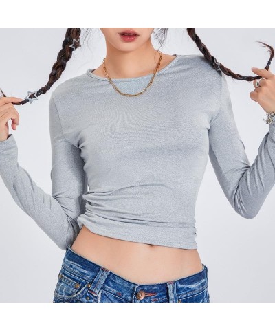 Women's Crew Neck Long Sleeve Crop Top Solid Color Slim Fit T Shirts Hollow Out Basic Casual Streetwear Basic-light Gray $11....