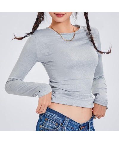 Women's Crew Neck Long Sleeve Crop Top Solid Color Slim Fit T Shirts Hollow Out Basic Casual Streetwear Basic-light Gray $11....