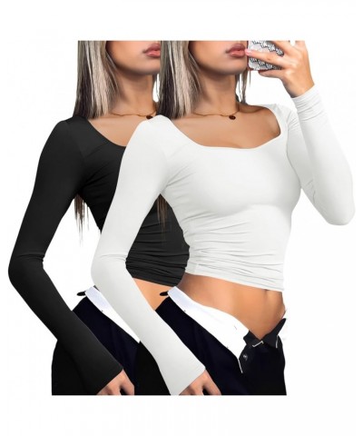 Long Sleeve Fitted Tops for Women Going Out Outfits Cute Tight Basic Tees Shirt XL Black+white $13.94 T-Shirts