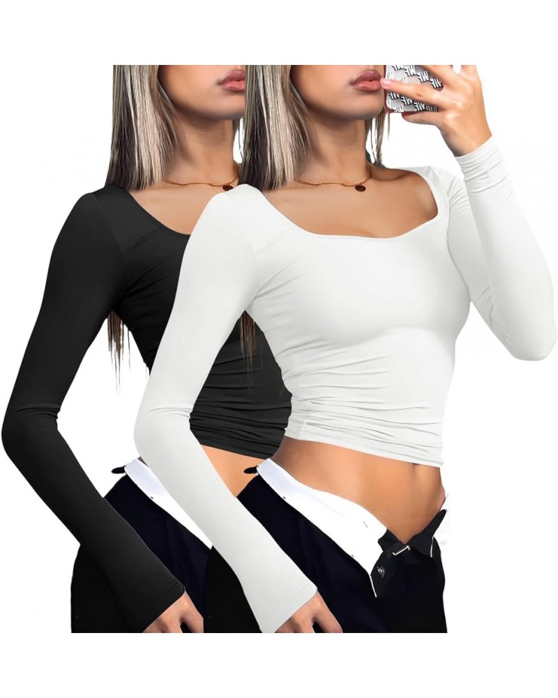 Long Sleeve Fitted Tops for Women Going Out Outfits Cute Tight Basic Tees Shirt XL Black+white $13.94 T-Shirts