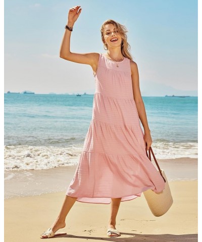 Women's 2024 Summer Midi Dresses Sleeveless Crewneck Beach Boho Casual Loose Long Flowy Tiered Sundress with Pockets Pink $20...