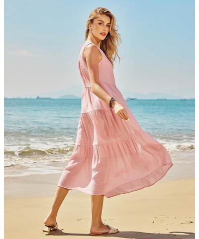 Women's 2024 Summer Midi Dresses Sleeveless Crewneck Beach Boho Casual Loose Long Flowy Tiered Sundress with Pockets Pink $20...