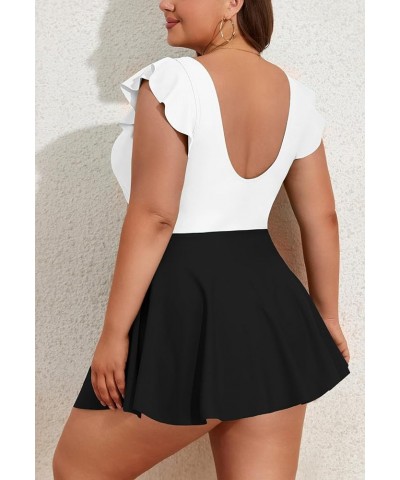 Women Plus Size Ruffle One Piece Skirt Swimsuit V Neck Cutout Swimdress Tummy Control Twist Front Bathing Suits White,black $...