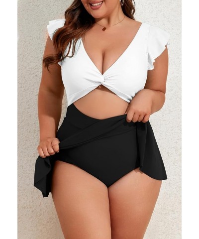 Women Plus Size Ruffle One Piece Skirt Swimsuit V Neck Cutout Swimdress Tummy Control Twist Front Bathing Suits White,black $...