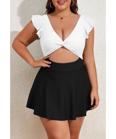 Women Plus Size Ruffle One Piece Skirt Swimsuit V Neck Cutout Swimdress Tummy Control Twist Front Bathing Suits White,black $...