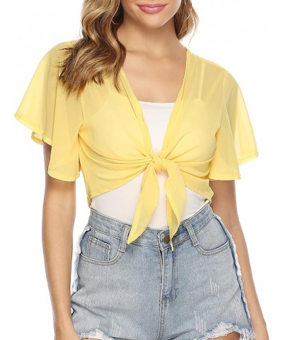 Women Tie Front Chiffon Shrug Short Sleeve Cropped Sheer Bolero Shrug Cardigan Yellow $11.74 Sweaters