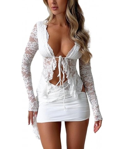 Women Y2k Lace 2 Piece Skirt Set See Through Mesh Lace Crop Top Bodycon Mini Skirt Set Ruffle Going Out Outfits Sexy White $1...