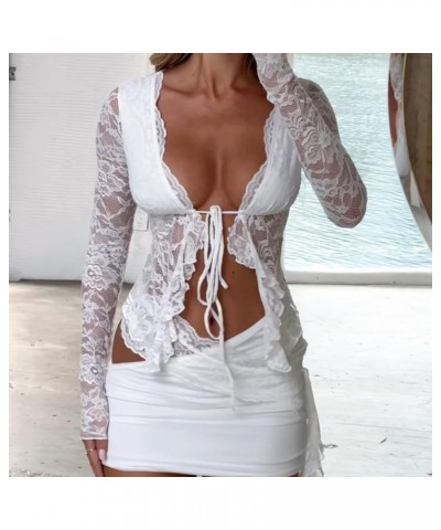 Women Y2k Lace 2 Piece Skirt Set See Through Mesh Lace Crop Top Bodycon Mini Skirt Set Ruffle Going Out Outfits Sexy White $1...