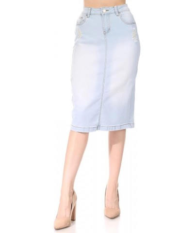 Womens Plus/Juniors Mid Waist Below Knee Length Denim Skirt in Pencil Silhouette Light Indigo (79006) $16.80 Skirts