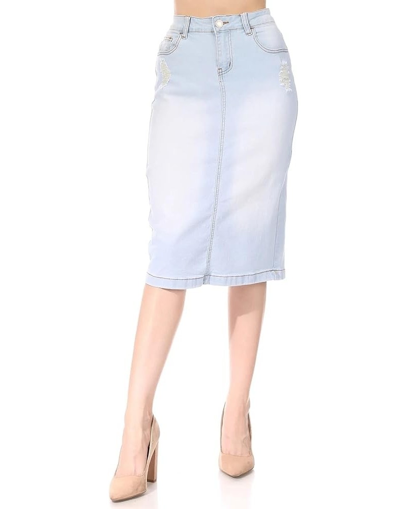 Womens Plus/Juniors Mid Waist Below Knee Length Denim Skirt in Pencil Silhouette Light Indigo (79006) $16.80 Skirts