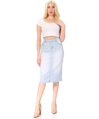 Womens Plus/Juniors Mid Waist Below Knee Length Denim Skirt in Pencil Silhouette Light Indigo (79006) $16.80 Skirts