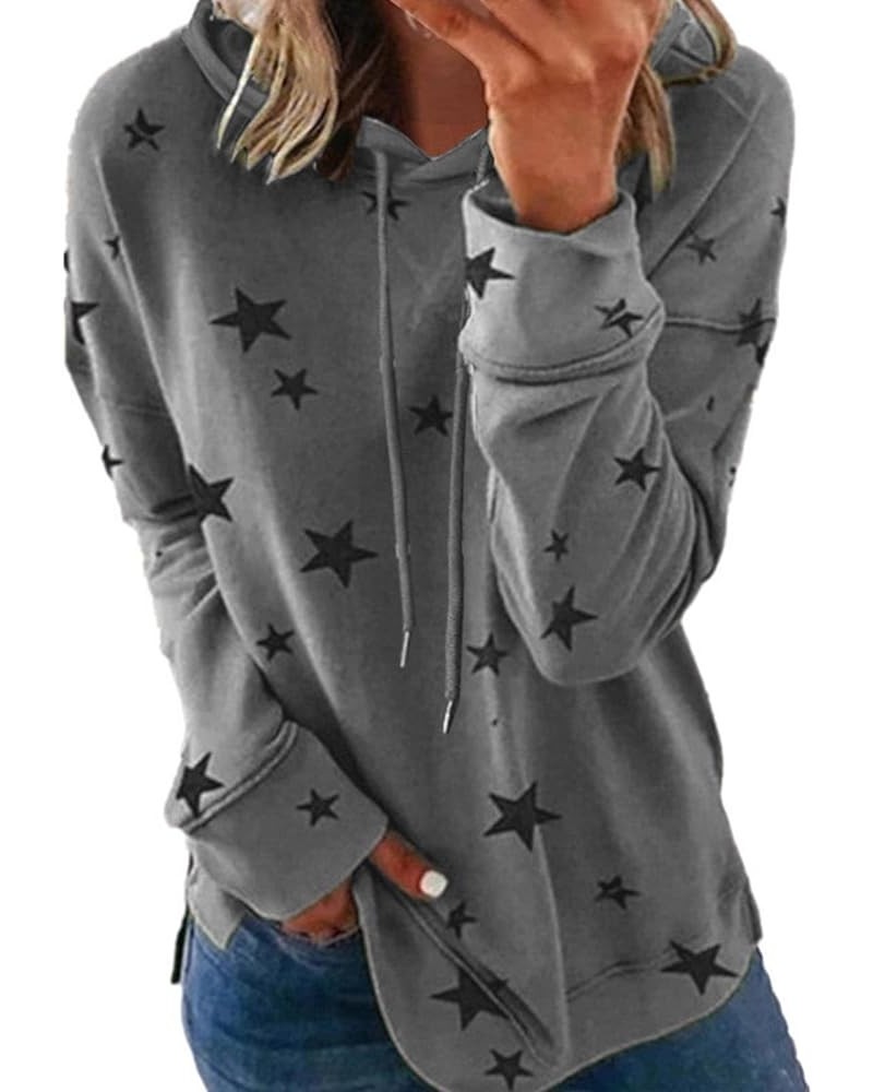 Women's Casual Star Print Hoodie Sweatshirt Fall Long Sleeve Pullover Tops Teen Girl Loose Comfy Hoodies Y2K Clothes Dark Gra...