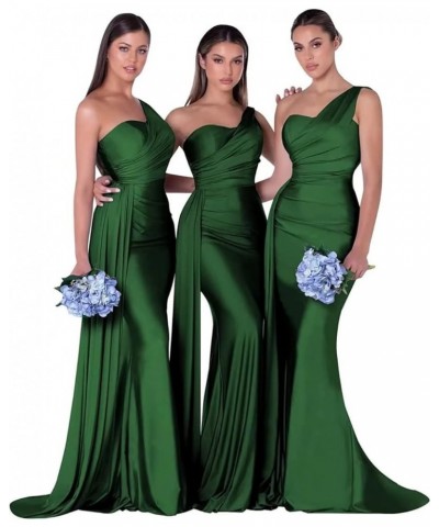 Women Satin Mermaid Bridesmaid Dresses Long One Shoulder Formal Wedding Guest Party Dresses L0069 Green $32.68 Dresses