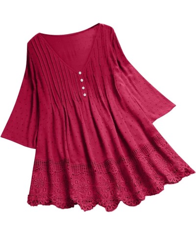 Women's 3/4 Sleeve Vintage Lace Hem Neck Flowy Shirts Casual Embroidery T-Shirt Soft Shirts and Blouses Pomdnc-a2704-red $9.8...