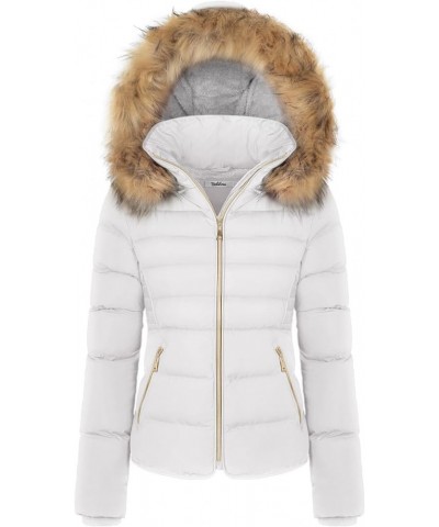 Women's Fur Hooded Puffer Jacket With Zipper Fleece Lining White2 $30.38 Jackets