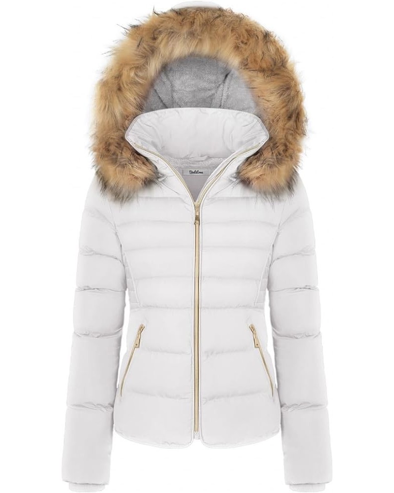 Women's Fur Hooded Puffer Jacket With Zipper Fleece Lining White2 $30.38 Jackets