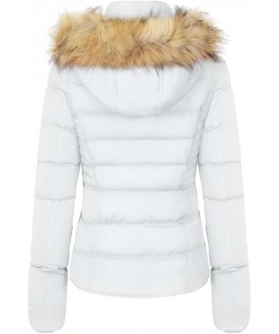 Women's Fur Hooded Puffer Jacket With Zipper Fleece Lining White2 $30.38 Jackets