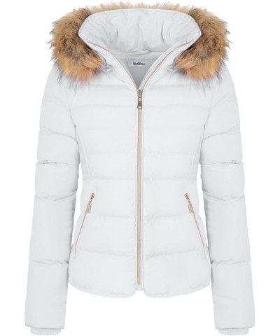 Women's Fur Hooded Puffer Jacket With Zipper Fleece Lining White2 $30.38 Jackets